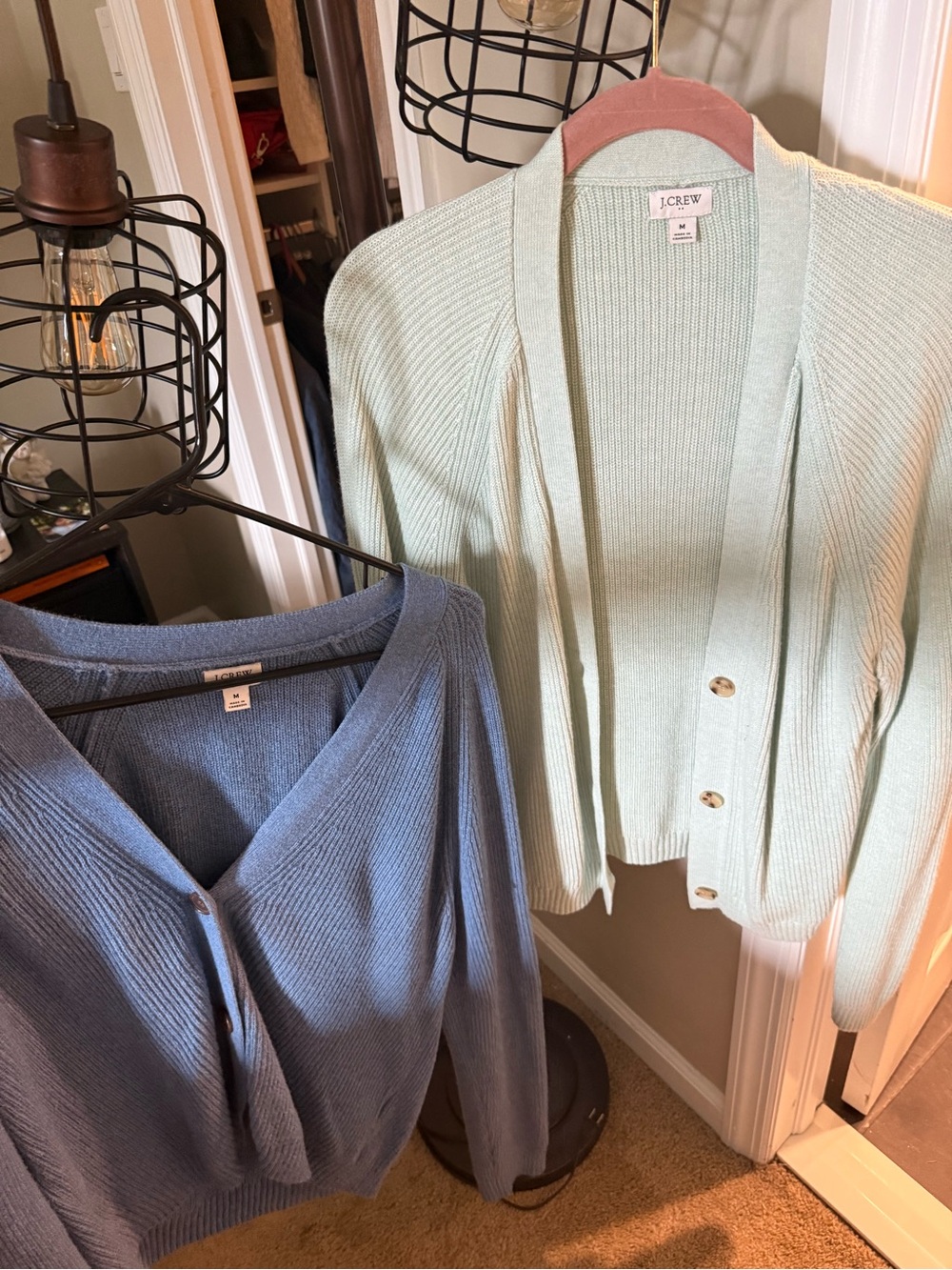 J. Crew Mint Green Cardigan and Dusty Blue Ribbed Sweater